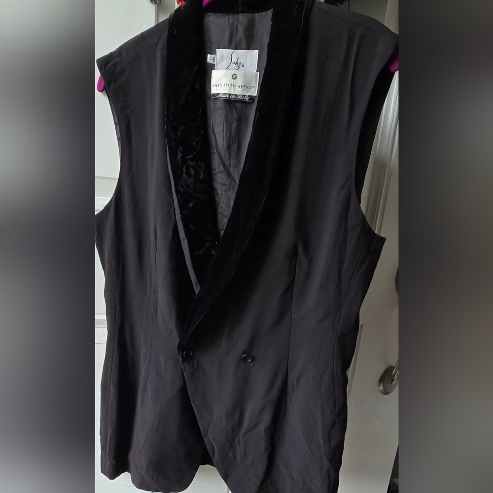 Sahza By Saks Fifth Avenue Black Tuxedo Vest Velvet Lapel Black 14 Made In Italy - Picture 8 of 12